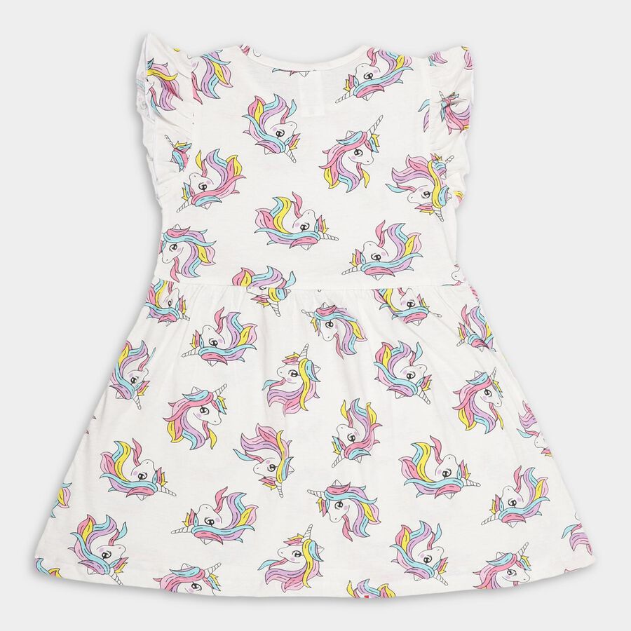 Girls' Bright White Unicorn Printed A-Line Frock, Off White, large image number null