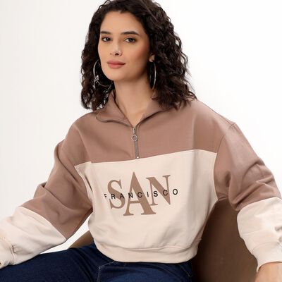 Women's Beige and Brown High Neck Casual Sweatshirt, भूरा Women's Beige and Brown High Neck Casual Sweatshirt