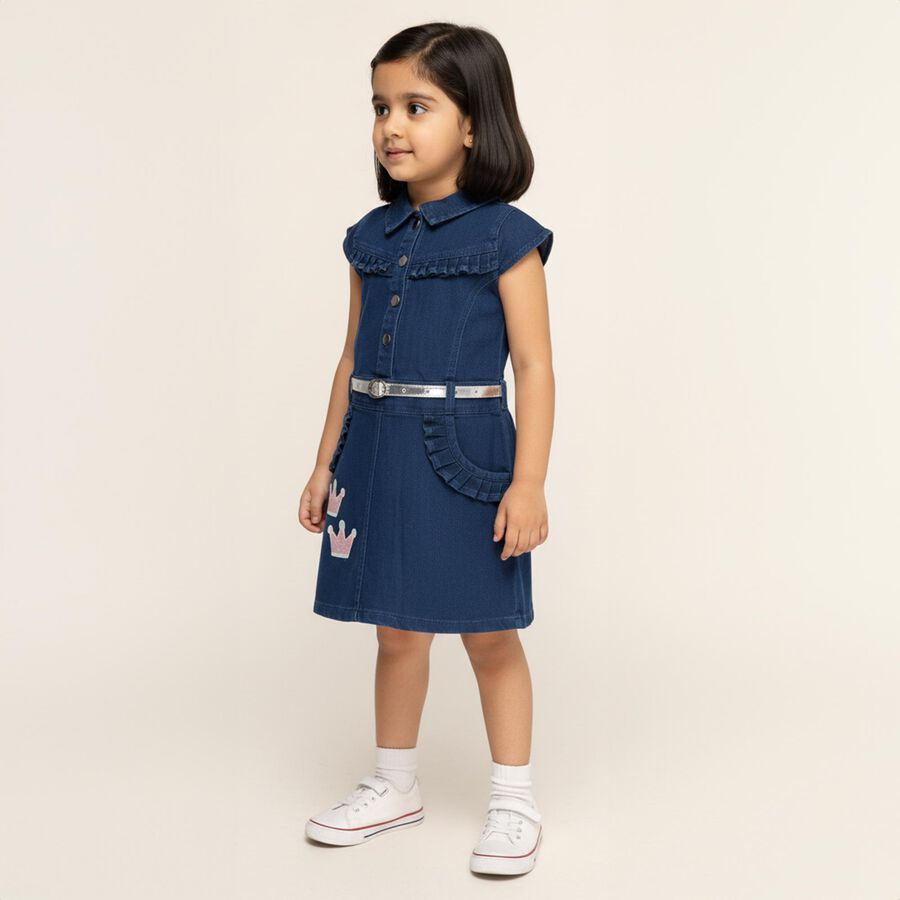 Girls' Deep Indigo Blue Ruffled Denim Frock, मध्यम नीला, large image number null