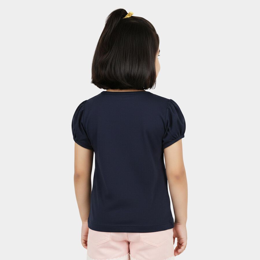 Girls Navy Blue Cotton Round Neck Casual Printed T-Shirt, Navy Blue, large
