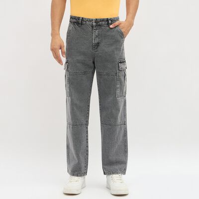 Men's Washed Grey Relaxed Fit Cargo Jeans