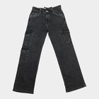 Girls' Black Straight Fit Embellished Cargo Jeans, Black, small