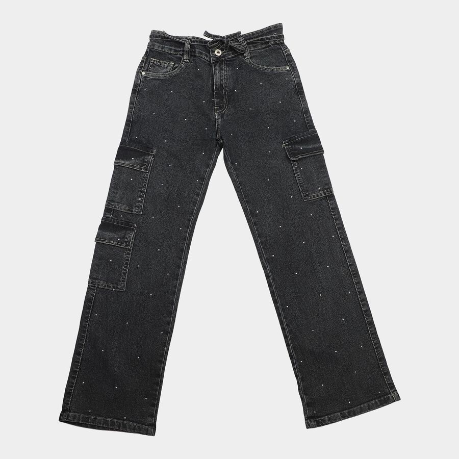 Girls' Black Straight Fit Embellished Cargo Jeans, Black, large