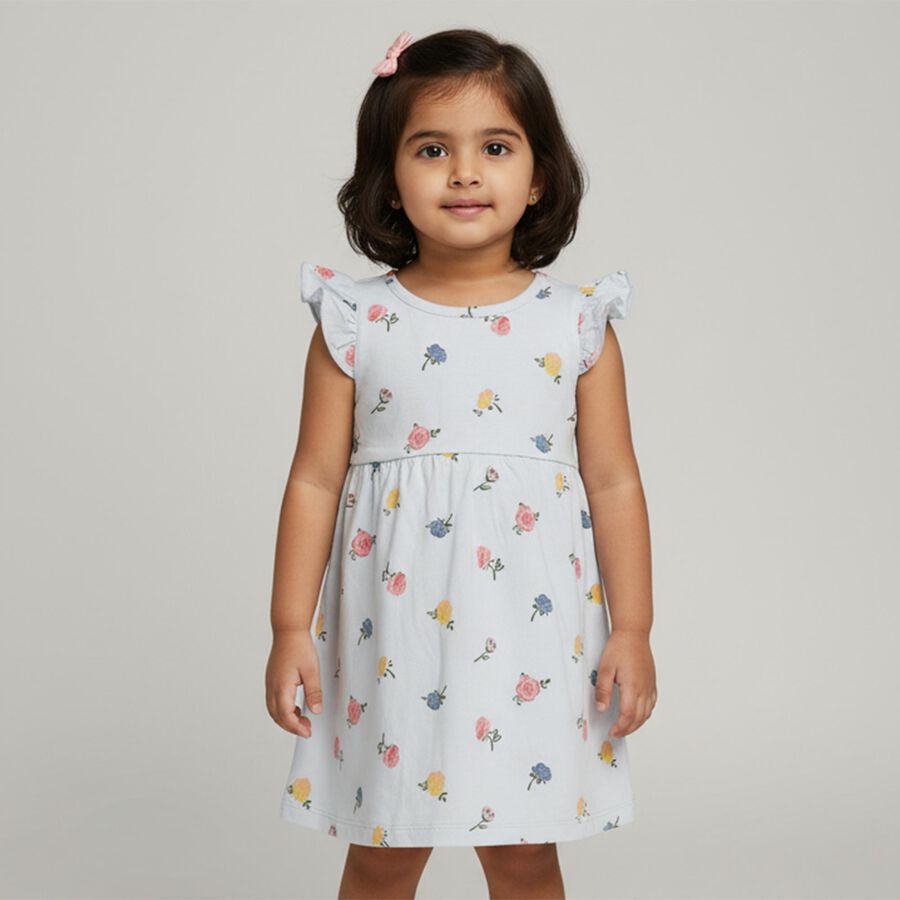 Infants' Light Blue Floral Print Sleeveless Frock, हल्का नीला, large image number null