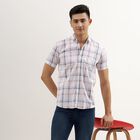Men's White Cotton Regular Collar Checked Casual Shirt, Pink, small