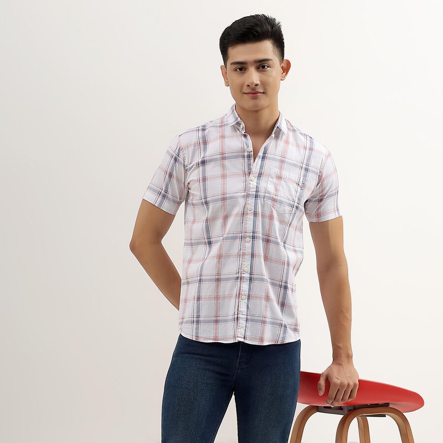Men's White Cotton Regular Collar Checked Casual Shirt, Pink, large