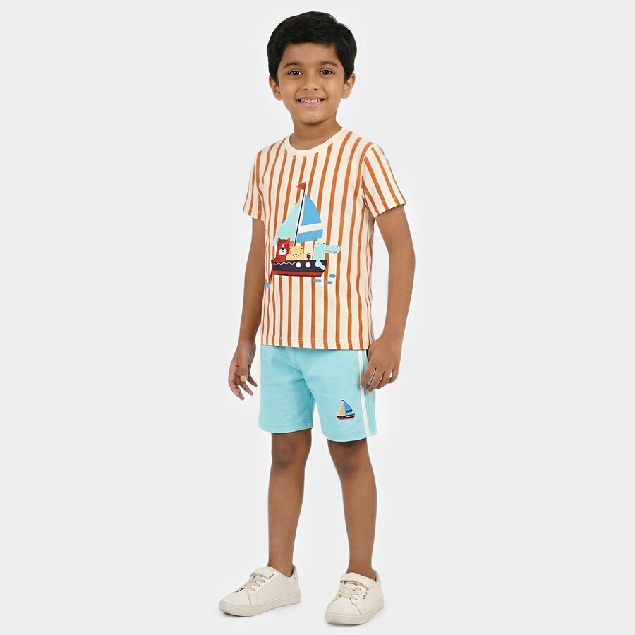Boys' White Cotton Round Neck Striped Baba Suit, ऑफ व्हाइट, large