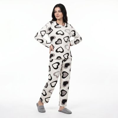 Women's White Heart Printed Relaxed Fit Pyjama Set 