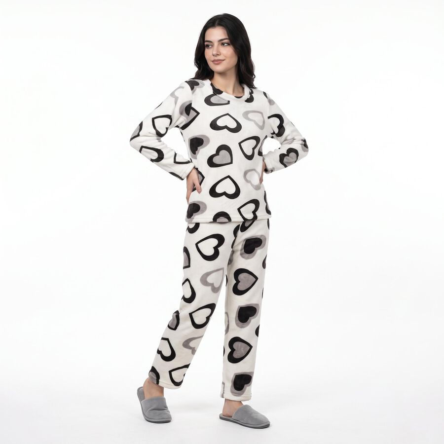 Women's White Heart Printed Relaxed Fit Pyjama Set , सफ़ेद, large