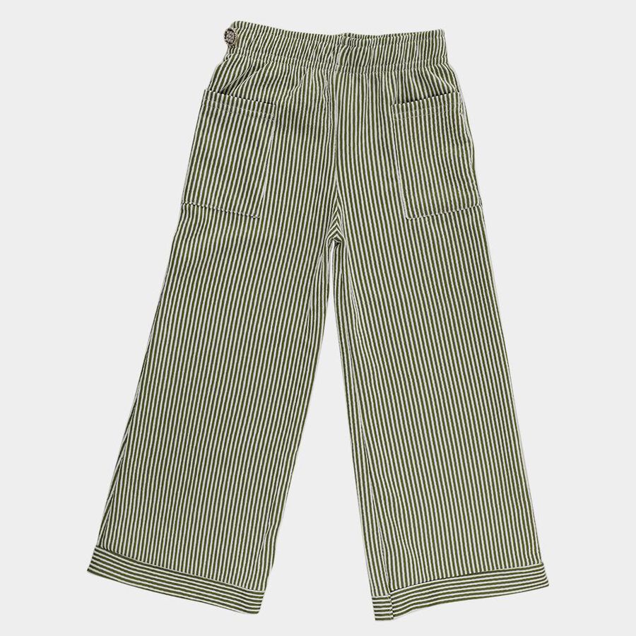 Girls' Olive Green Wide-Leg Striped Trousers, Light Green, large