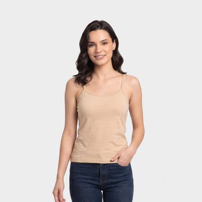Women's Beige Cotton Scoop Neck Camisole Slip