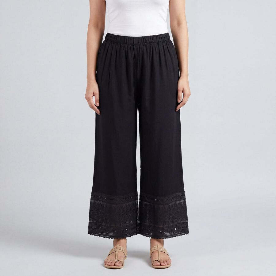 Women's Black Wide-Leg Solid Palazzos, काला, large