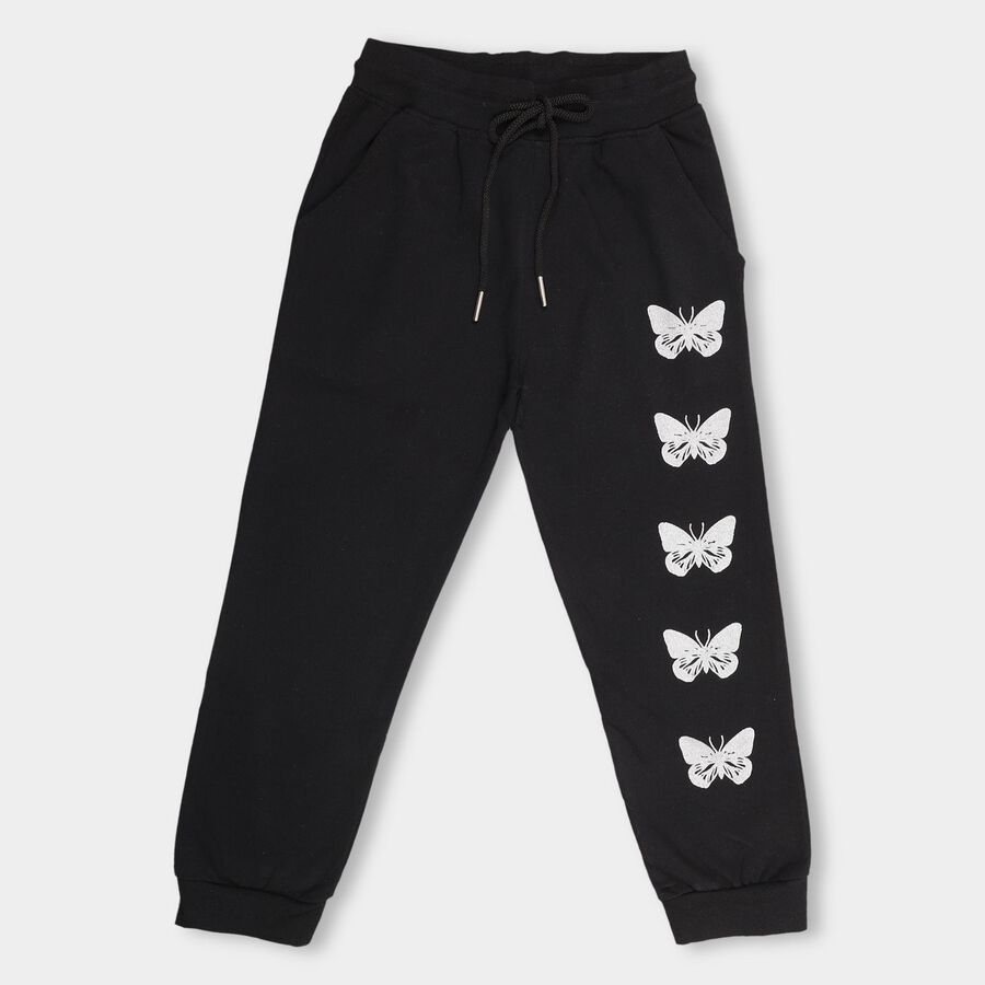 Boys' Jet Black Cotton Blend Butterfly Print Jogger Pyjama, Black, large image number null