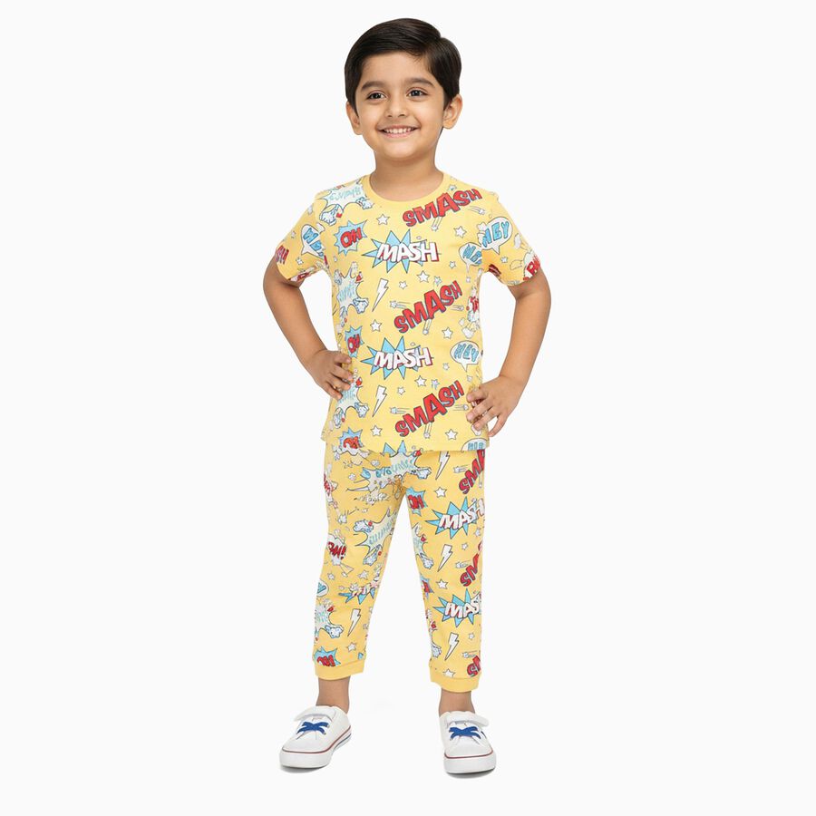 Boys Bright Yellow Cotton Round Neck Printed Night Suit, पीला, large image number null