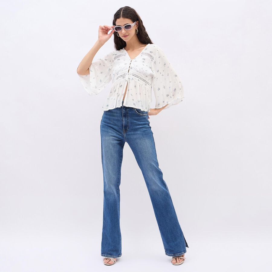 Women's Soft White Floral V Neck Bohemian Shirt&nbsp;, Light Blue, large