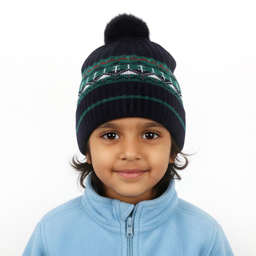 Boys' Dark Navy Blue Knitted Pom-Pom Winter Cap, Navy Blue, large image number null