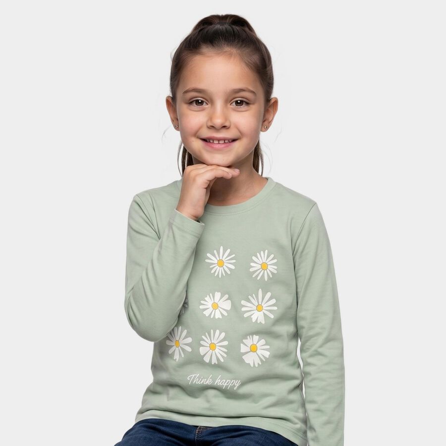 Girls Mint Green Round Neck Regular Top, हल्का हरा, large