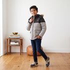Boys Grey Hooded Puffer Jacket, हल्का ग्रे, small
