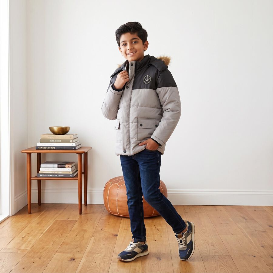 Boys Grey Hooded Puffer Jacket, हल्का ग्रे, large