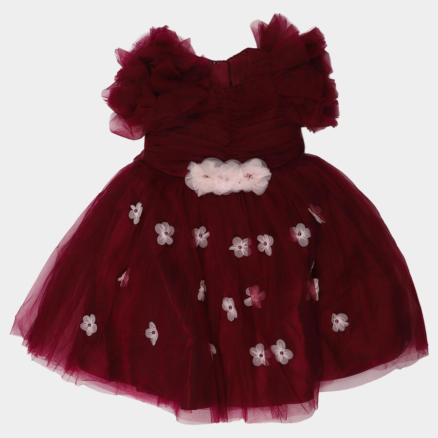 Girls' Wine Fit and Flare Floral Applique Party Wear Frock, वाइन, large