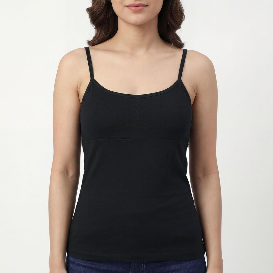 Women's Black Cotton Blend Scoop Neck Slip, काला, large