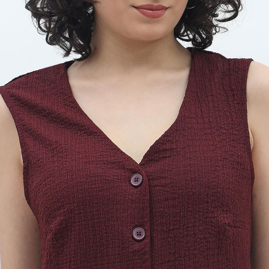 Women's Rich Burgundy V-Neck Casual Sleeveless Top, भूरा, large