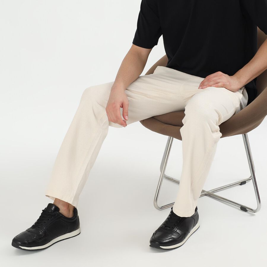 Men's Soft Beige Slim Fit Drawstring Casual Trousers, एक्रू मिश्रित, large image number null