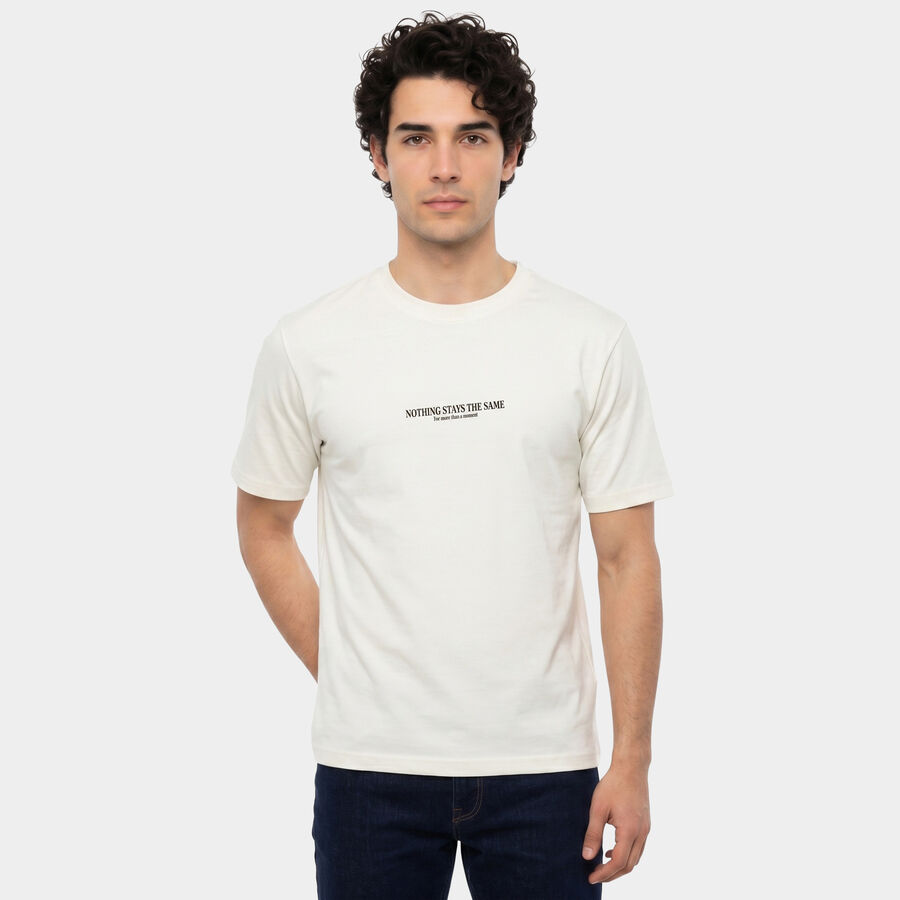 Men's White Round Neck Regular T-Shirt, White, large