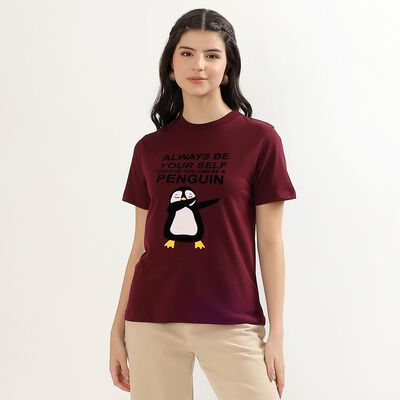Women's Deep Maroon Round Neck Graphic Print T-Shirt