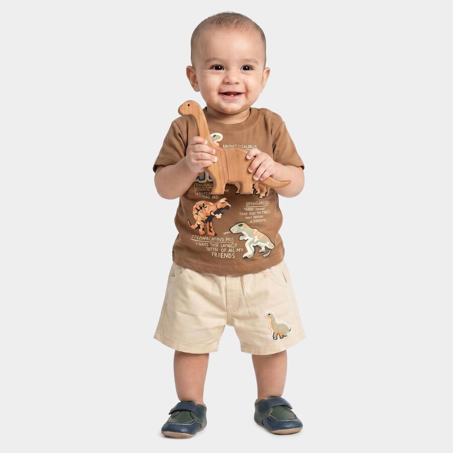 Infants' Brown 100% Cotton Round Neck Dinosaur Graphic Print Baba Suit, Beige, large