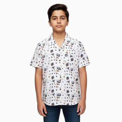 Boys Rich Eggshell White Cotton Half Sleeve Cuban Collar Casual Shirt