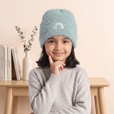 Girls' Mint Green Embroidered Rainbow Beanie Cap