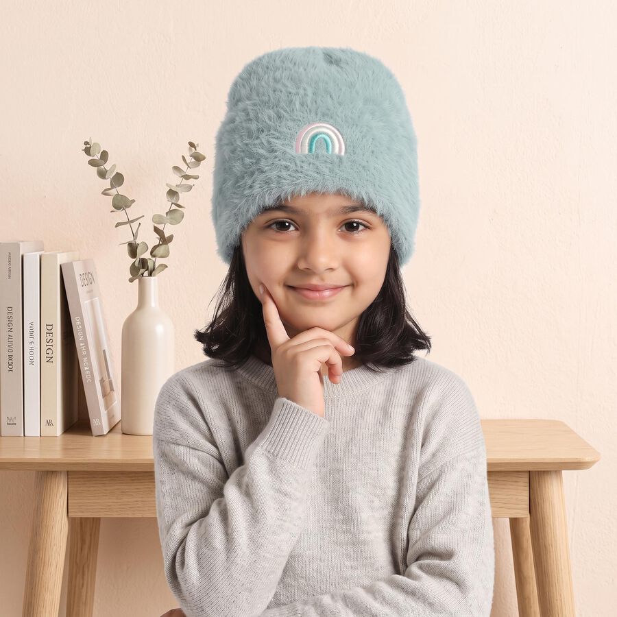 Girls' Mint Green Embroidered Rainbow Beanie Cap, हल्का हरा, large