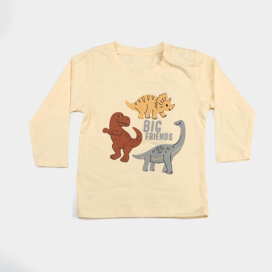 Infants Beige Cotton Round Neck Regular T-Shirt, Beige, large