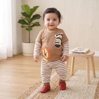 Infants' Beige 100% Cotton Round Neck Baba Suit