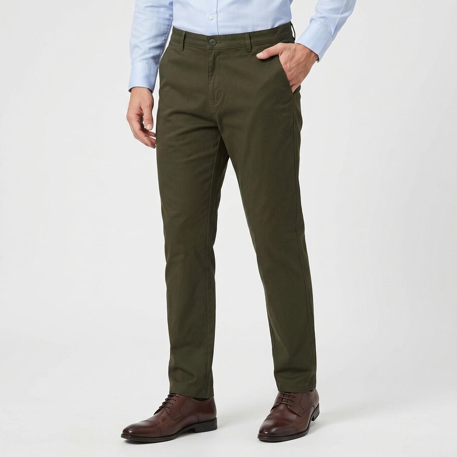 Men's Olive Green Slim Fit Chino Trousers, ओलिव, large