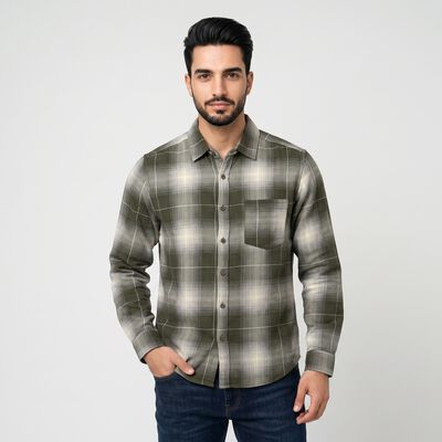 Men's Olive Green Cotton Long Sleeve Checked Casual Shirt