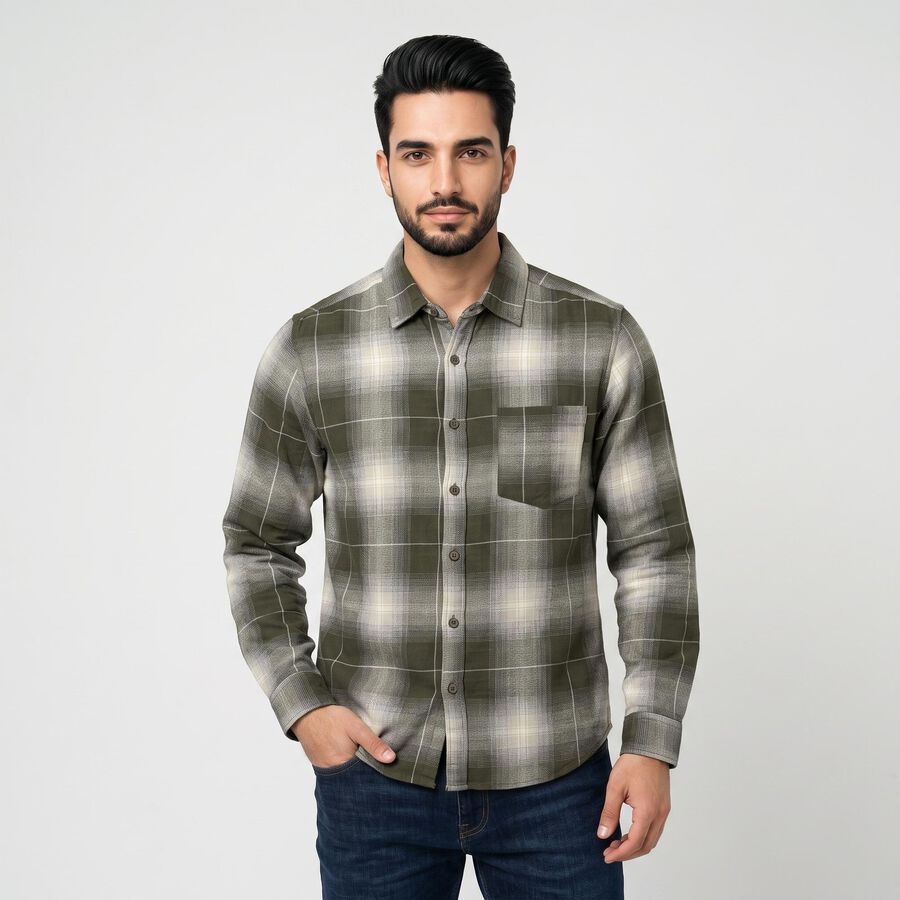 Men's Olive Green Cotton Long Sleeve Checked Casual Shirt, Olive, large