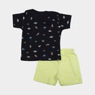 Infants' Navy Blue 100% Cotton Round Neck Graphic Print Baba Suit, Navy Blue, small