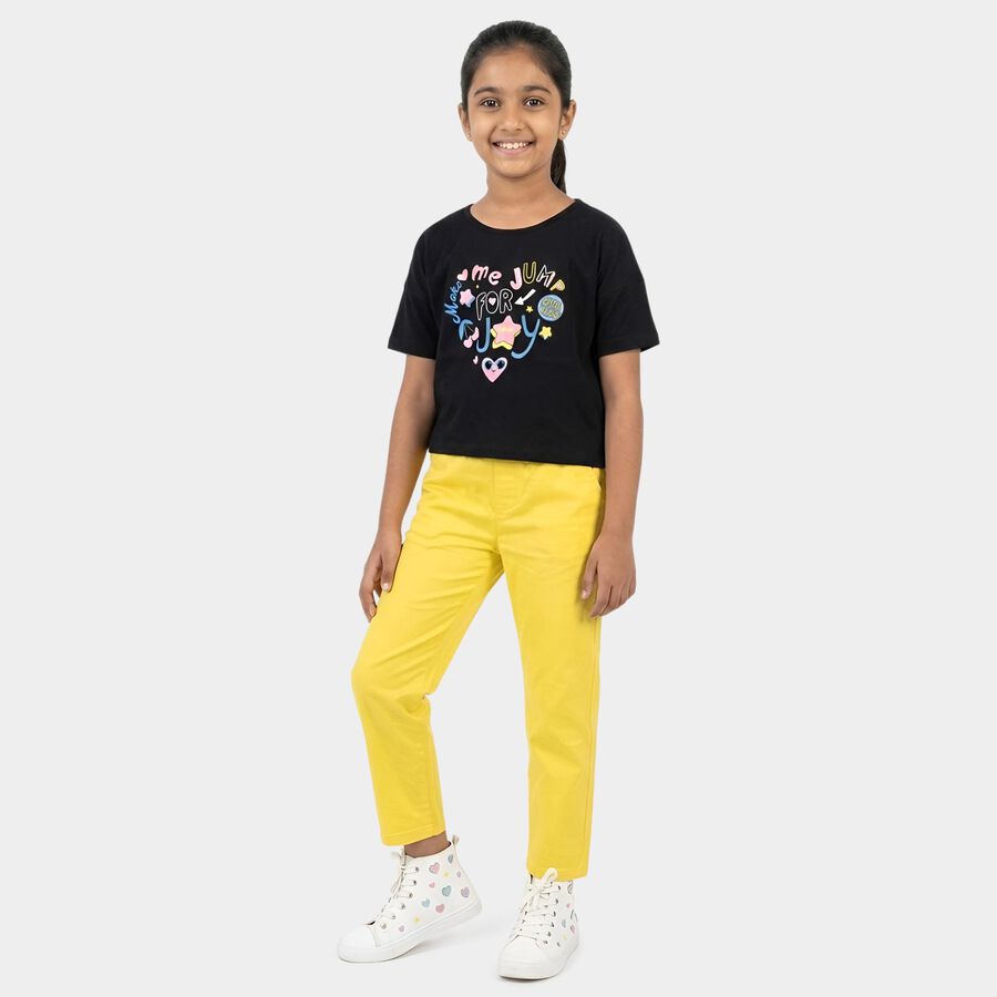 Girls' Black Cotton Round Neck Casual T-Shirt, काला, large
