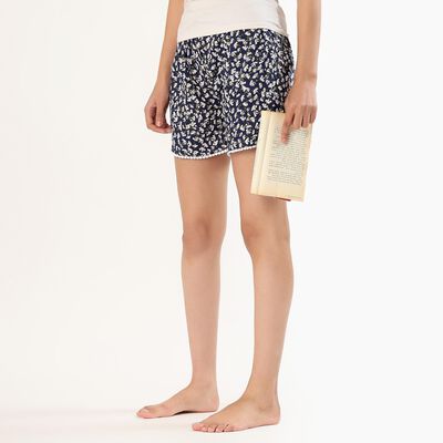 Women's Dark Navy Floral Printed Lace Trim Shorts
