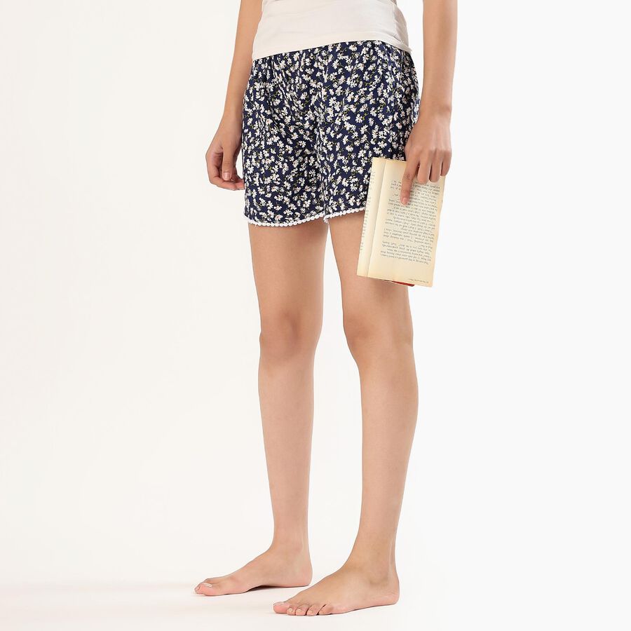 Women's Dark Navy Floral Printed Lace Trim Shorts, Navy Blue, large