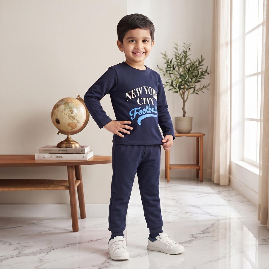 Boys Navy Blue Crew Neck Graphic Print Baba Suit, Navy Blue, large