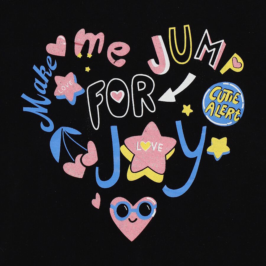 Girls' Black Cotton Round Neck Casual T-Shirt, काला, large