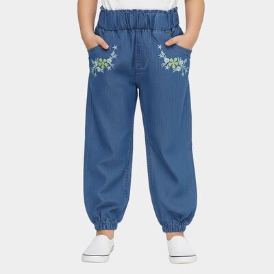 Girls' Muted Denim Blue Relaxed Fit Embroidered Jeans