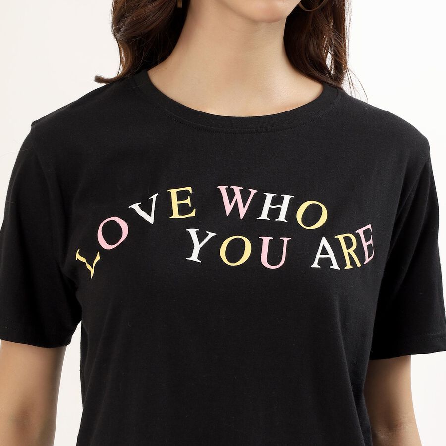 Women's Jet Black Cotton Round Neck Casual T-Shirt, काला, large image number null