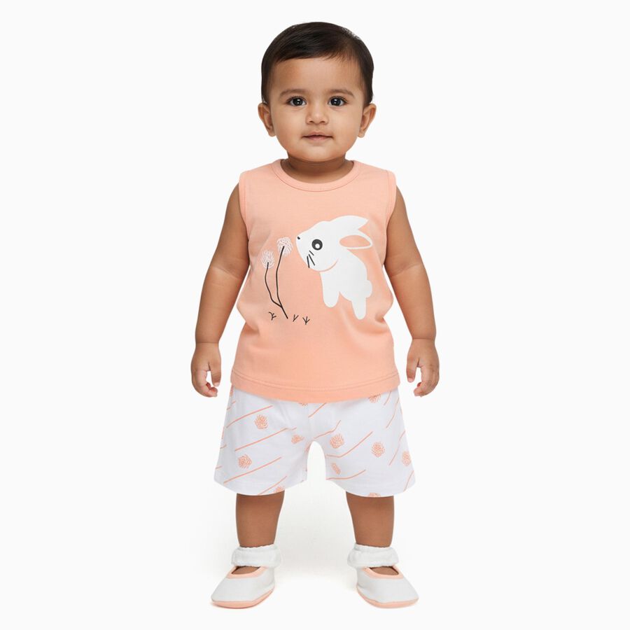 Infant Peach Cotton Sleeveless Casual Shorts Set, Peach, large