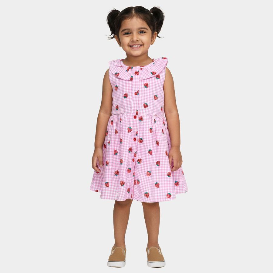 Girls' Light Pink Strawberry Printed Sleeveless A-Line Frock, Pink, large image number null