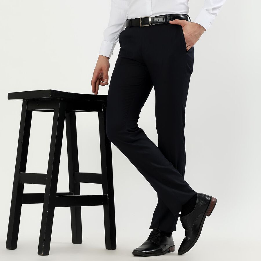 Men's Jet Black Slim Fit Flat-Front Formal Trousers, Navy Blue, large image number null