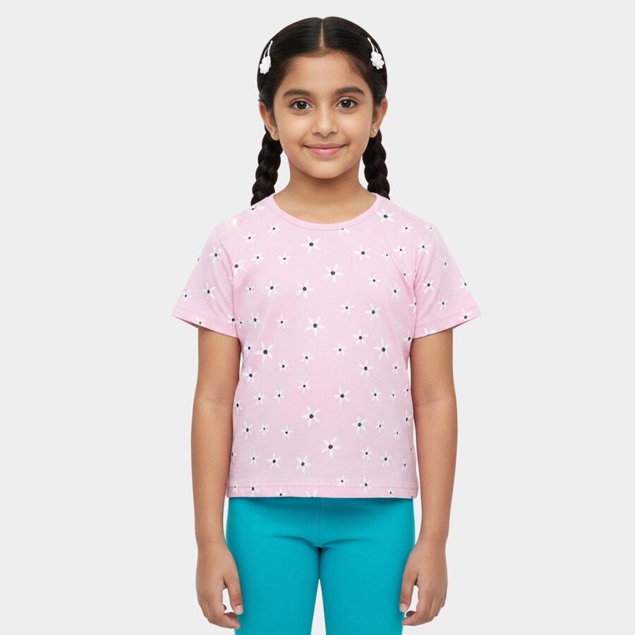 Girls' Pink Cotton Round Neck Casual T-Shirt, हल्का गुलाबी, large
